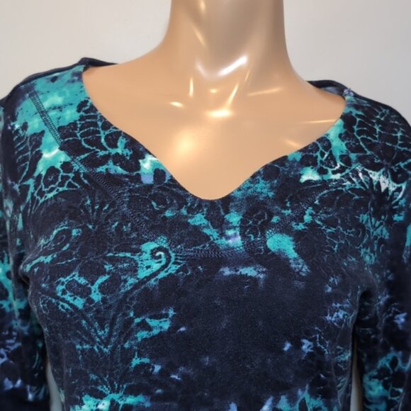 3/$20 Tribal Tye Die Damask Print Top Boho Neckline ¾ Sleeve Jewel Tone Knit - Picture 2 of 9